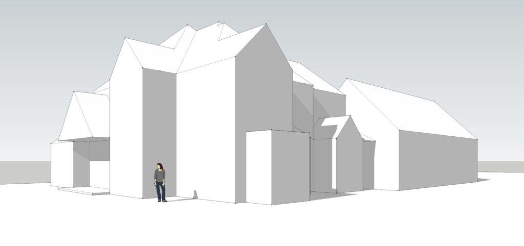 Early three-quarter massing study showing taller central volumes and an extended side wing.